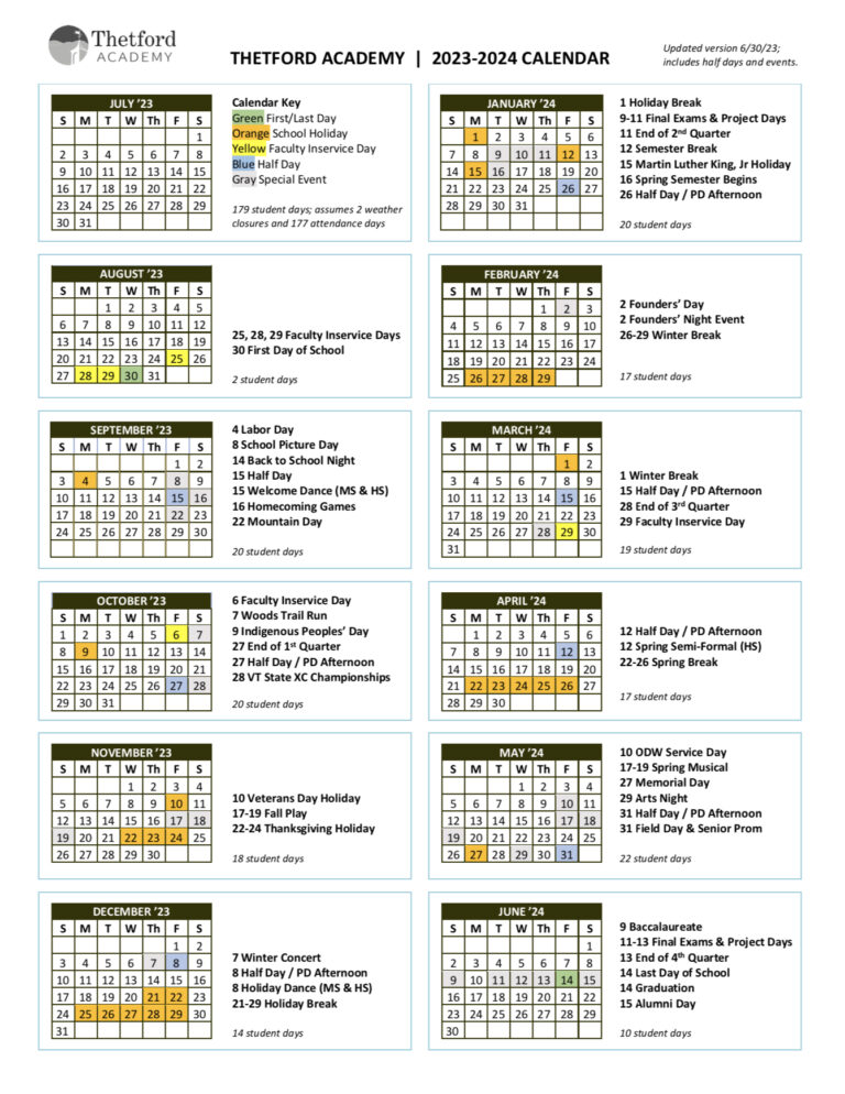 School Calendar for 20232024 Thetford Academy